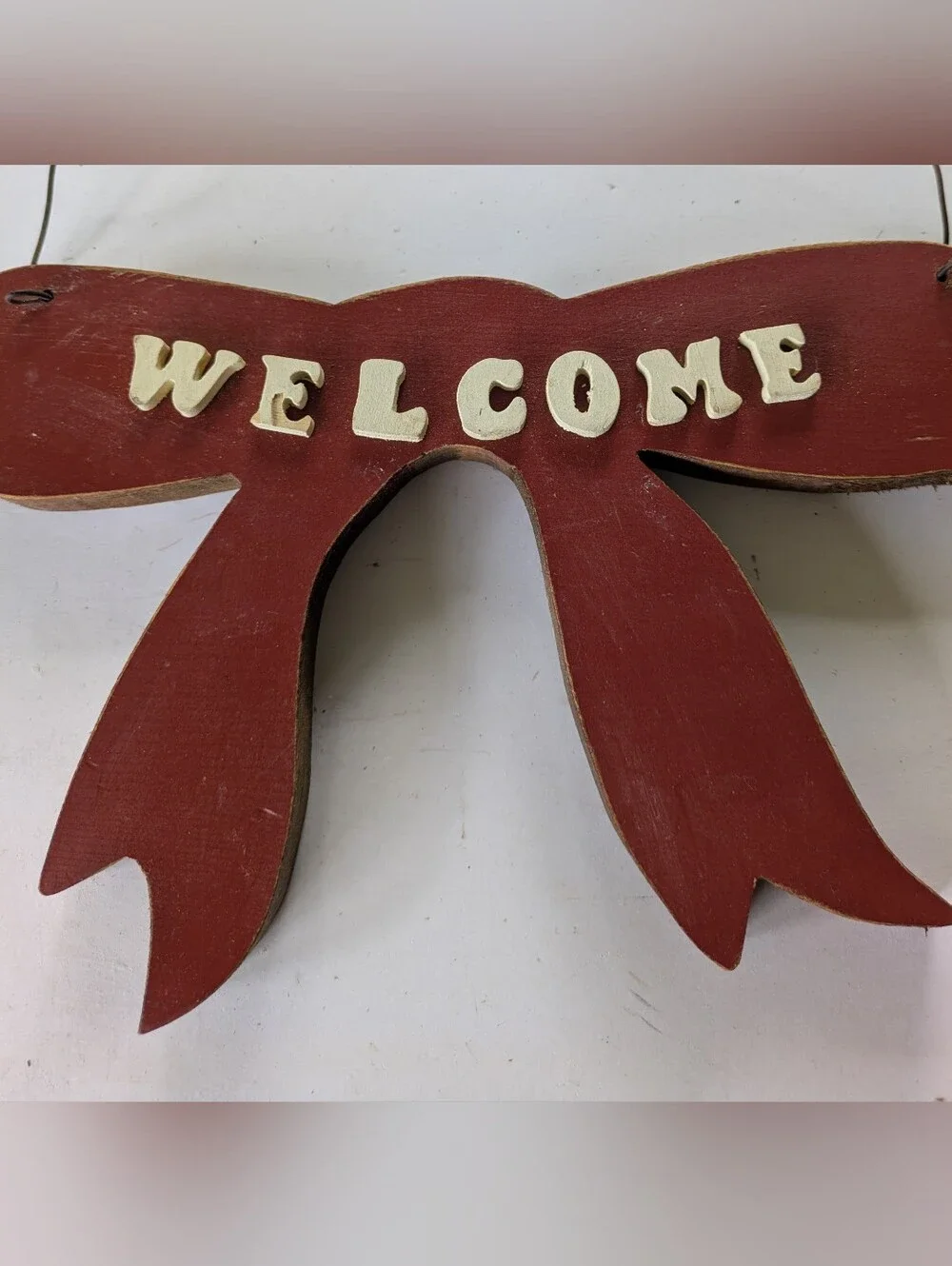 Welcome Sign Handmade Vintage 1992 Wire Hanger Red Wooden Bow